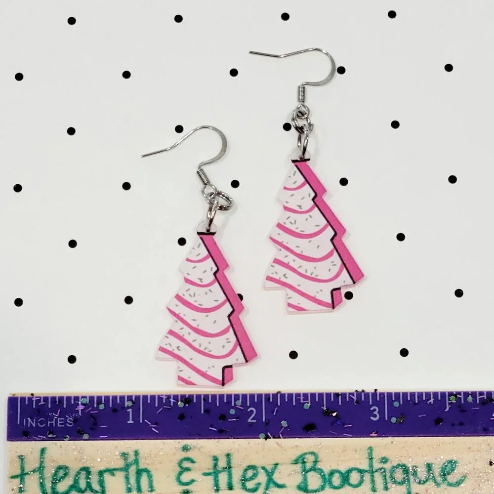 Pink Christmas Tree Cake Earrings Stainless Steel Hooks Holiday Earrings Funky - Picture 3 of 6